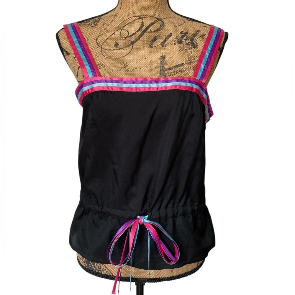 Vintage Saks Fifth Avenue Black Multicolor Grosgrain Ribbon Tie Camisole Medium